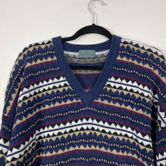 Vintage Descente Men's Sz XL 3D Knit Striped Grandpa Style Navy Maroon Sweater - Picture 2 of 8